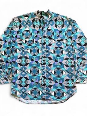 Vintage Men's Western Geometric Print Button-Up Shirt in Teal & Blue XL